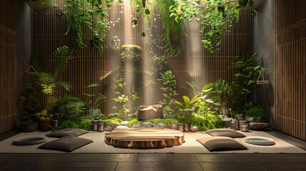 Serene meditation room with a bamboo podium displaying a zen garden,