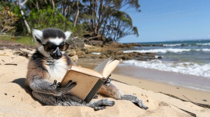 Fototapeta premium A lemur reads a book on the sandy beach, surrounded by the ocean and trees in the background