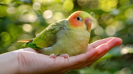  A person closely holds a small bird, background comprised of slightly blurred trees
