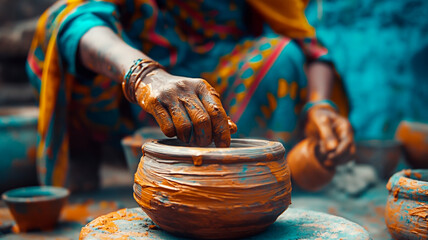 Hands of an Indian woman handcrafting a clay pot.