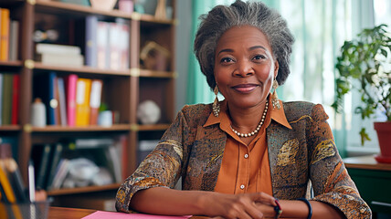 An mature African American school principal in the principal's office.