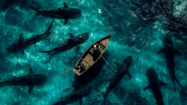 Two people on a lone small boat amidst sharks swimming around it in crystal clear waters. Above view.