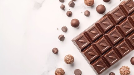   A tight shot of a chocolate bar against a pristine white background Surrounding it are randomly placed chocolate balls One bar exhibits a taken bite