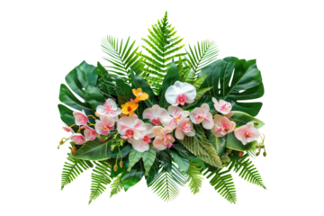Tropical leaves and flowers garland bouquet isolated on transparent background
