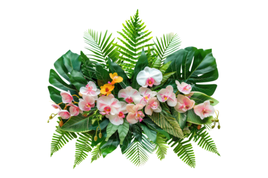 Tropical leaves and flowers garland bouquet isolated on transparent background