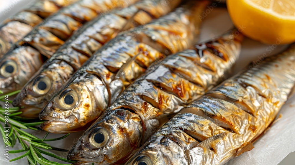 Wall mural   A plate holds several fish, arranged atop it, while a white lemon slice and a wedge lie nearby