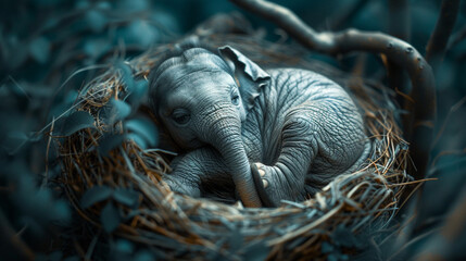 Tiny elephant snuggled up in a cloudy nest.