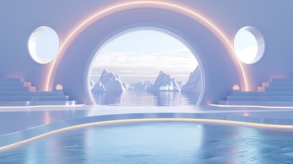   A futuristic swimming pool offers an ocean view with distant icebergs Circular windows flank the pool on either side