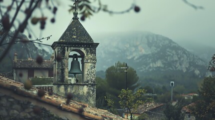 Fototapeta premium A beautiful landscape image of a bell tower in a small village. The bell tower is made of stone with a green patina.