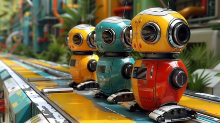 A lineup of vibrant, spherical robots on an assembly line in a brightly colored, high-tech factory environment.