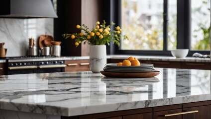 Explore sleek design, a marble counter tabletop against a blurred kitchen backdrop, perfect for showcasing products or designing layouts with a modern aesthetic