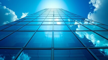   A towering structure with numerous windows along its facade and a vibrant blue sky as its backdrop