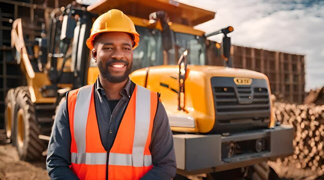 Bauger&auml;tef&uuml;hrer steht vor Baustellenfahrzeug und l&auml;chelt in die Kamera