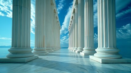   A row of white pillars aligns beside one another on a white marble floor They face a body of water - Powered by Adobe
