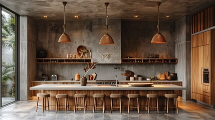 An open-space kitchen featuring concrete floors and walls, adorned with a wooden island and sleek bar stools