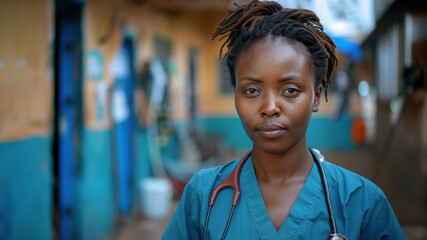Fototapeta premium Closeup shot of a confident black surgeon or nurse in a hospital in a rural area.