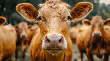   A tight shot of a browning cow's face, surrounded by other cows in the background, with trees in the distance