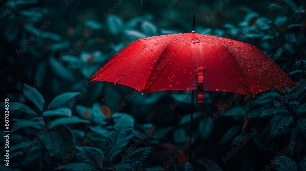 Poster   A red umbrella sits in the heart of a verdant forest, teeming with abundant leaves, on a rainy day