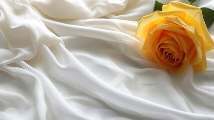   A yellow rose atop a pristine white cloth, its lone green leaf peeking out