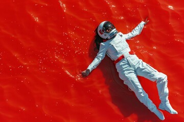 Astronaut woman in suit floating in vibrant red liquid with water splashing around her in space simulation experiment
