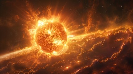 Dynamic solar flare and coronal mass ejection from the sun, visualized in a dramatic cosmic scene. Solar physics and space weather concept.