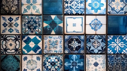   A square pattern of blue and white stacked tiles on a wall