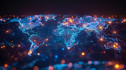 Obraz premium Digital World Map Visualization Global Connectivity and Data Flow. High-tech Network Lines and Nodes on a Dark Background. Conceptual of Globalization, International Networks, and Technology.