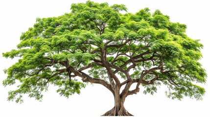  A large green tree with numerous leaves on its branches is depicted against a white backdrop
