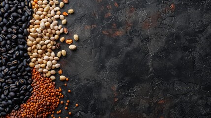   A stack of beans and other food on a black backdrop Nearby, a black plate holds a slice of bread