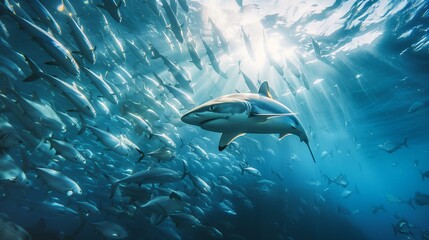 Shark swimming towards camera surrounded school of fish, streamlined sleek menacing awesome majestic