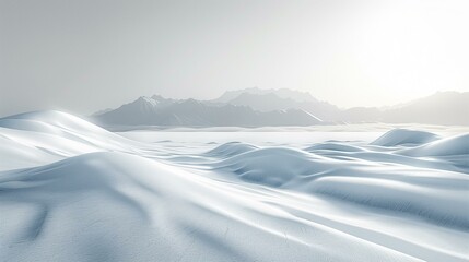 Barren snow desert with distant snow-capped mountains, silent peaceful tranquil serene calm