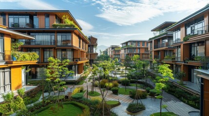 A collection of various buildings enclosed by a thick cluster of trees creating a unique and green environment in the city.