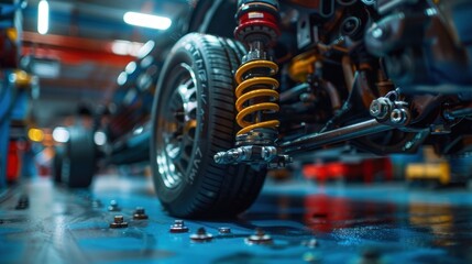 A car repair shop or wheel installation service center, adjust the underbody sensors and set the wheel balance of cars parked for wheel repairs and suspension adjustments.