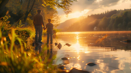 Father and Son Bonding: Learning to Fish on Father s Day at Serene Lake   Photo Realistic Concept of a Father Teaching His Son Fishing Skills