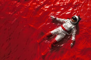 Man in astronaut suit floating in pool of red liquid in ocean, surreal space exploration concept