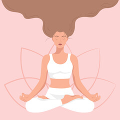Beautiful girl with long hair sitting in yoga pose on lotus flower background. Meditating and yoga. International yoga day. Female doing yoga. Vector illustration