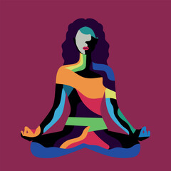 Abstract woman sitting in lotus position. Contemporary concept of meditating girl made of colorful shapes. Female doing yoga and meditating. Vector illustration