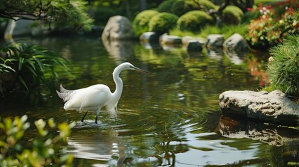 Obraz premium An egret carefully fishing in a pond nestled in the citys botanical garden