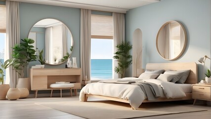 Simple bedroom design including a mock-up of a home dcor. Cozy, fashionable furnishings, a comfy bed, and a modern, AI-powered background with a coastal theme.