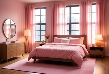  A modern bedroom with a large bed, wooden nightstands, and striped curtains