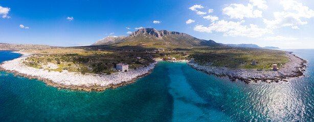 Aerial view beautiful water bay in the greek spectacular coast line. Turquoise blue transparent...