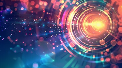 Colorful Abstract Tech Background with Glowing Particles and Circles