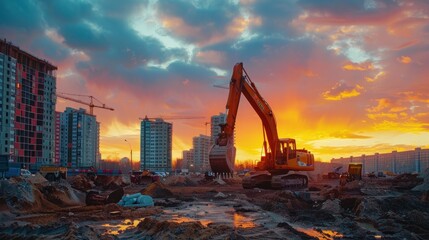 An industrial excavator works on building a new real estate development in a city construction scene in the evening when it is sunny - Powered by Adobe