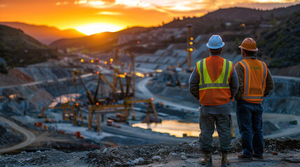 A male civil engineer standing at construction site Control the work of real estate projects with excavators and machinery. Working in a large construction zone at an industrial construction site