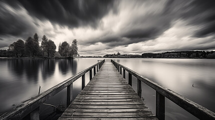 Jetty on a lake in black and white wallpaper background