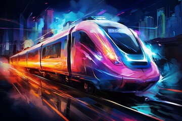 Fototapeta premium Vibrant neon lights illuminate the futuristic cityscape as a high-speed train streaks through the bustling city center, digital painting the dynamic energy of urban life.