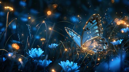 Glowing butterfly: enchanting nocturnal encounter with radiant wings in nature's embrace