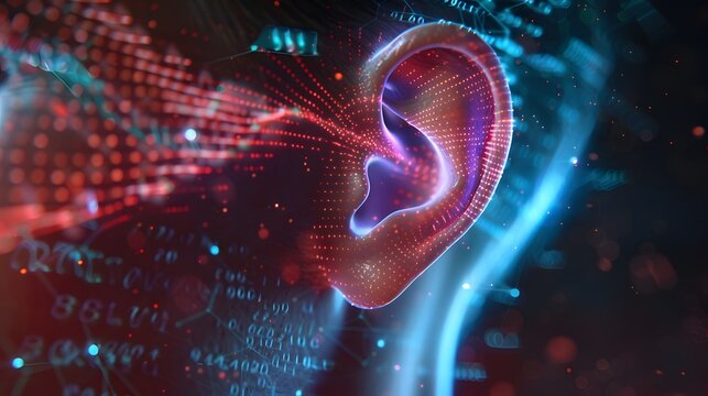 Close-up of a human ear with a holographic effect that conveys hearing., Generative Ai