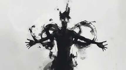 Abstract black and white silhouette of a demon against white background.