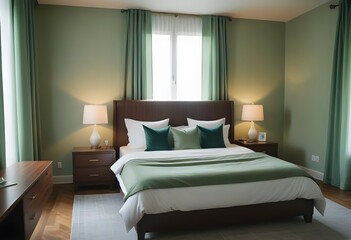 A modern bedroom with a large bed, wooden nightstands, and striped curtains